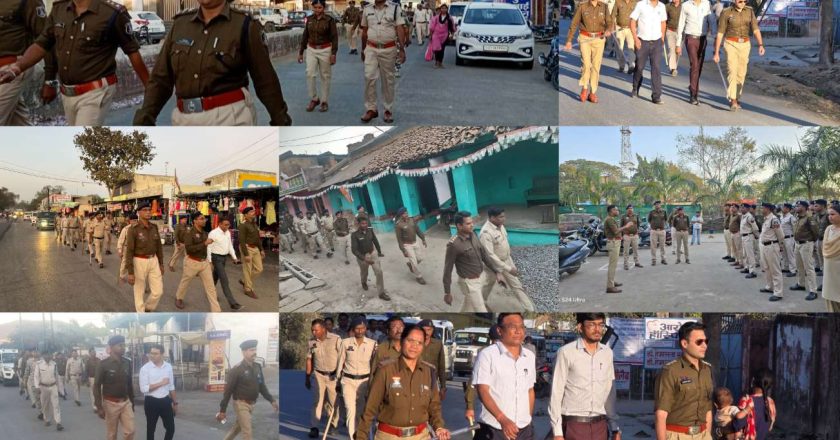 नगरीय निकाय चुनाव से पहले रायगढ़ पुलिस ने जिला मुख्यालय और सभी नगर पंचायतों में निकला फ्लैग मार्च