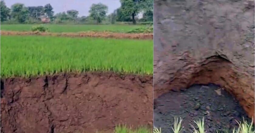 छत्तीसगढ़ के बेमेतरा में खेत में टहल रहा था किसान, अचानक धंस गई धरती और बन गया रहस्यमयी गड्ढा