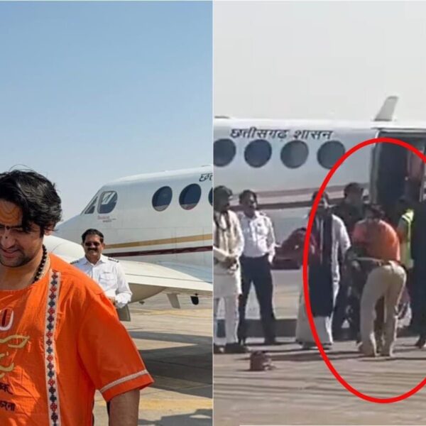 सरकारी विमान से छत्तीसगढ़ पहुंचे बाबा बागेश्वर, वर्दीधारी पुलिस वाले ने छुए पैर; छिड़ गया विवाद