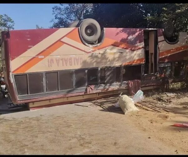 कुत्ते को बचाने यात्री बस पलटी, 1 महिला गंभीर, चालक फरार