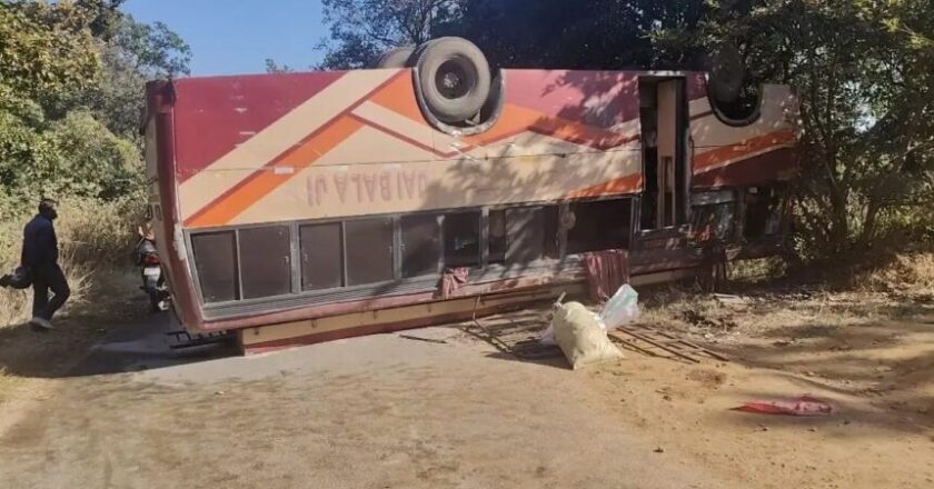 कुत्ते को बचाने यात्री बस पलटी, 1 महिला गंभीर, चालक फरार