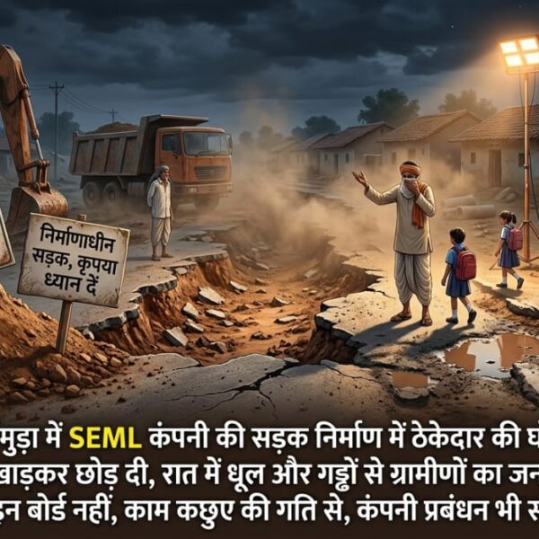 बिंजकोट-दर्रामुड़ा में SEML कंपनी की सड़क निर्माण में ठेकेदार की घोर लापरवाही, PMGSY सड़क उखाड़कर छोड़ दी, रात में धूल और गड्ढों से ग्रामीणों का जनजीवन अस्त-व्यस्त, कोई साइन बोर्ड नहीं, काम कछुए की गति से, कंपनी प्रबंधन भी सोया हुआ